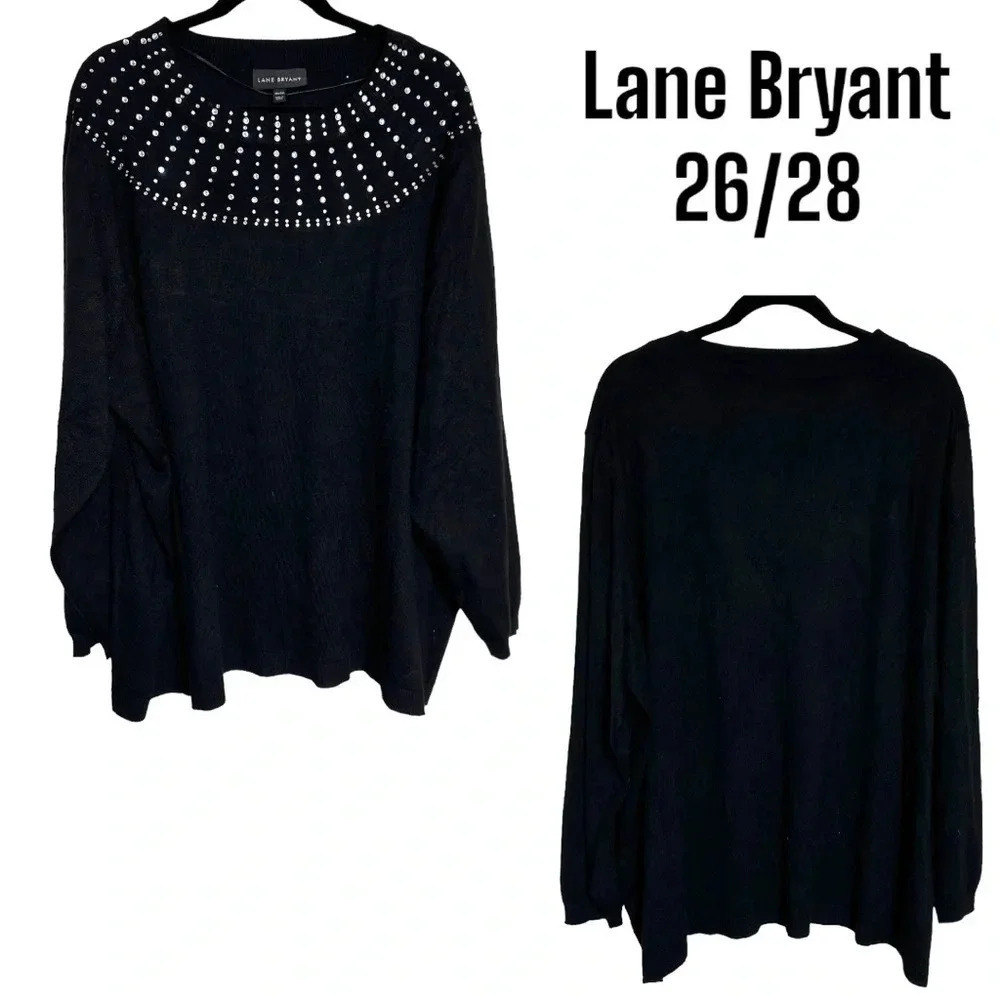 Lane Bryant Sweater 26/28 Black Rhinestone Embellished Crew Neck Long Sleeve
